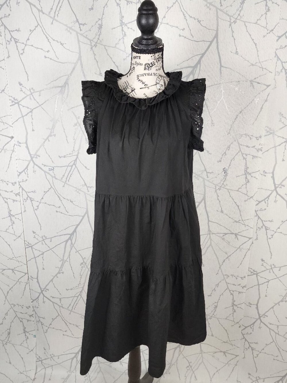 Valentina Naldi Cotton Stretch Ruffle Eyelet Neck Tiered Midi Dress